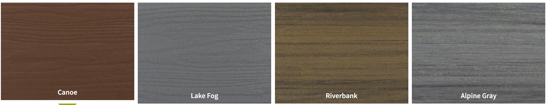 Composite decking color swatches showing Canoe, Lake Fog, Riverbank, and Alpine Gray
