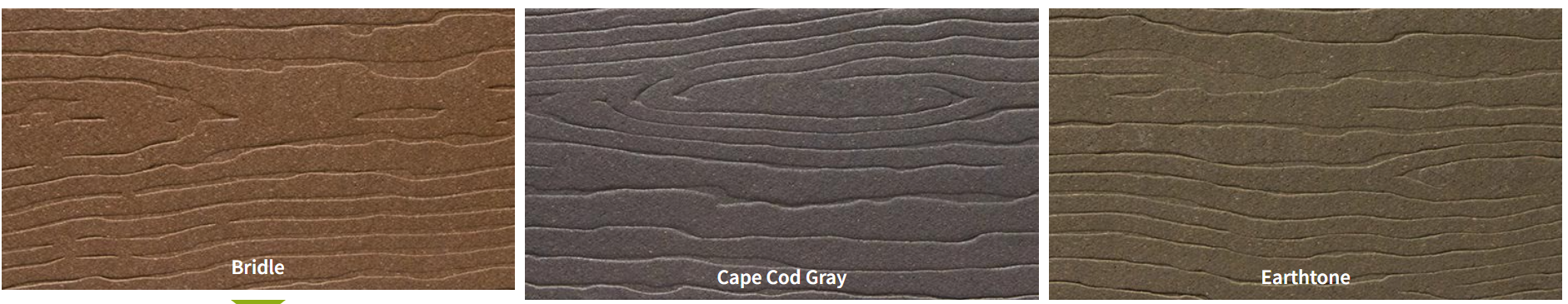 Composite decking color swatches showing Bridle, Cape Cod Gray, and Earthtone